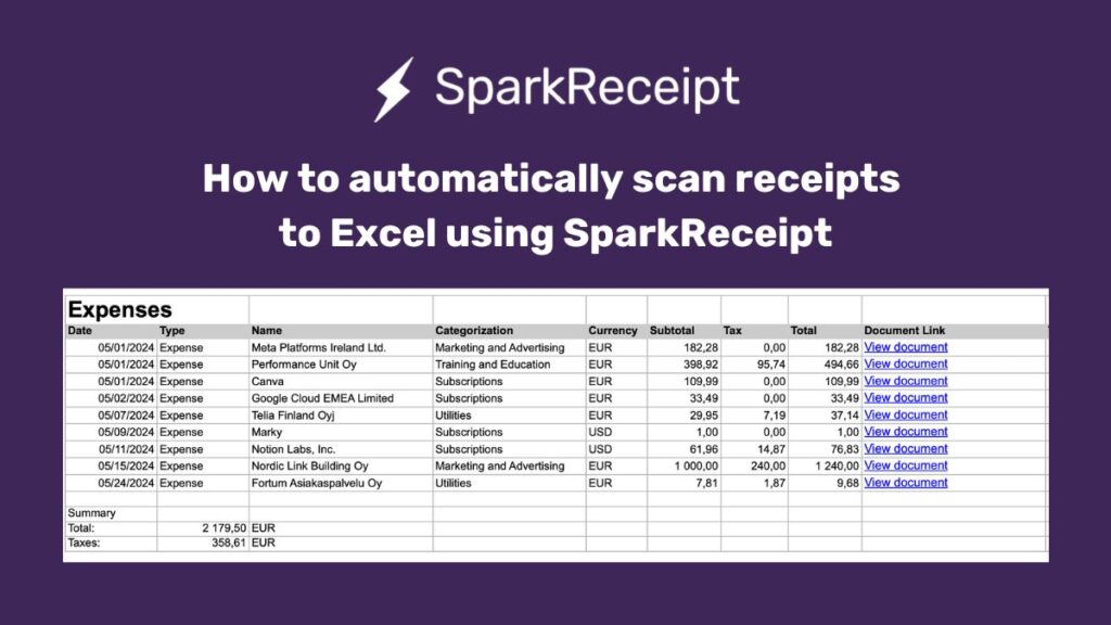 SparkReceipt dashboard showing AI receipt scanning and expense tracking