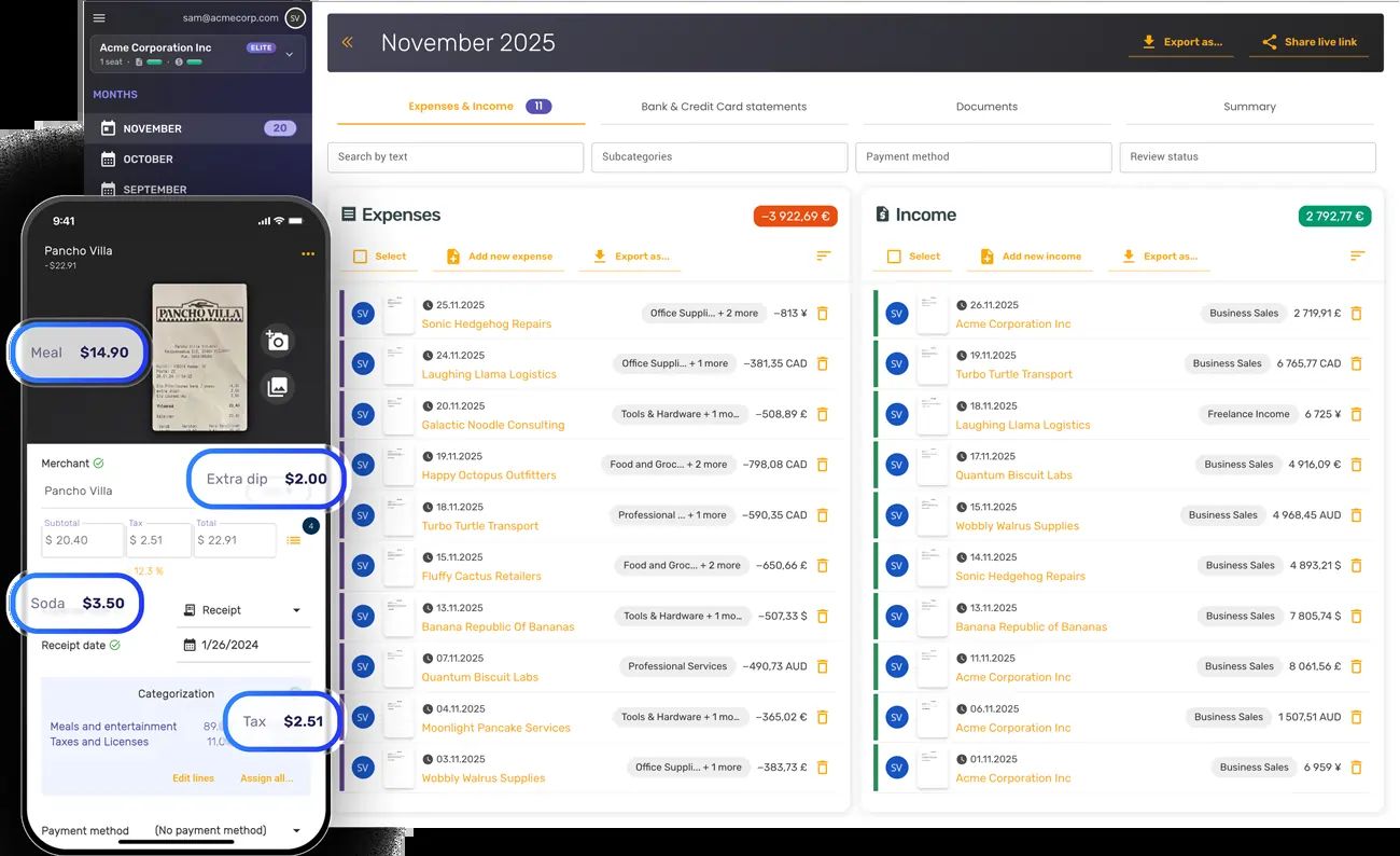 SparkReceipt dashboard showing AI receipt scanning and expense tracking